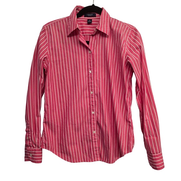 Chaps Tops - Chaps Pink White Stripe Button Up Shirt Women's S Cotton Preppy Coastal Classic